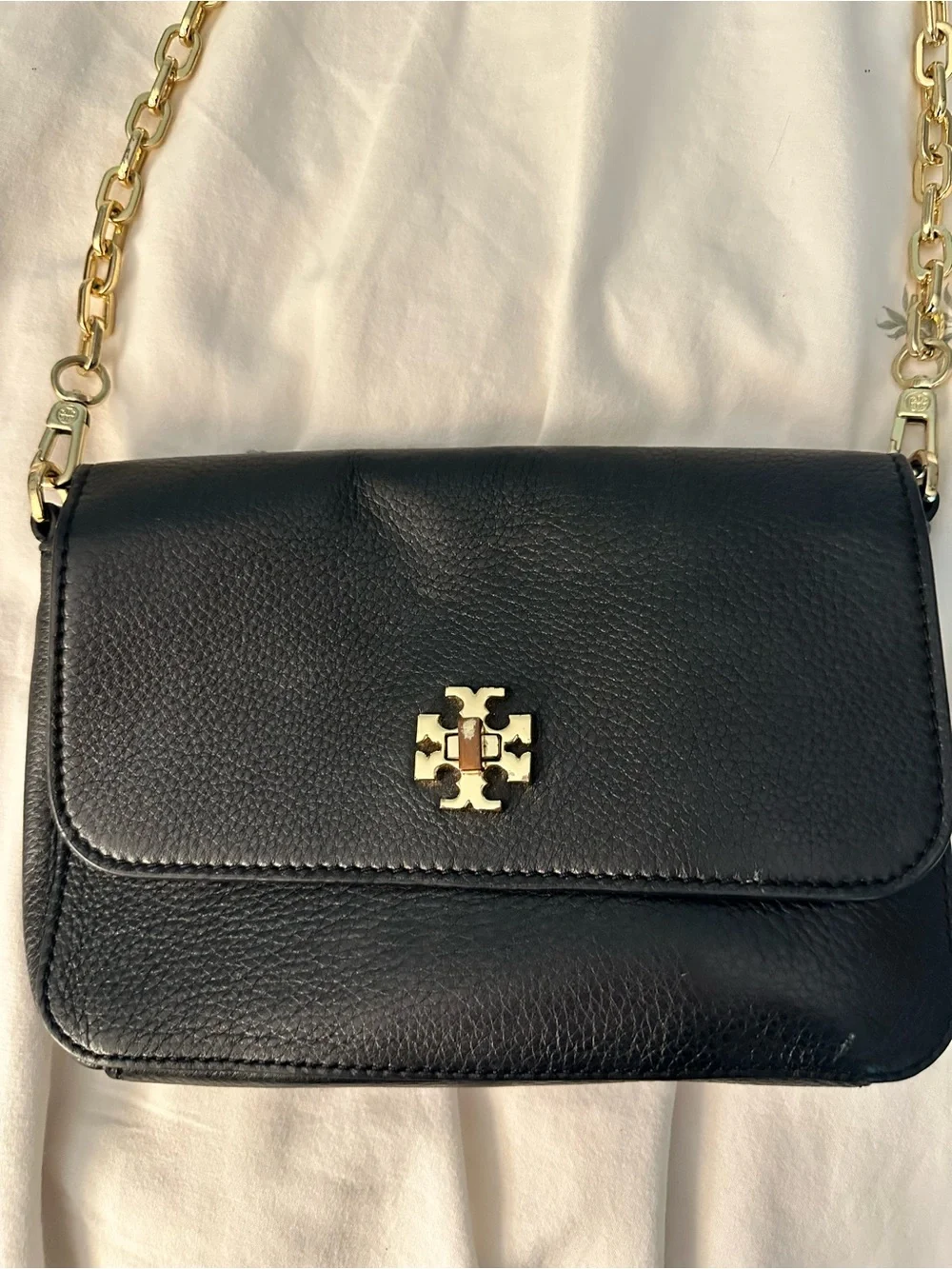 Black Tory Burch Leather Crossbody with Gold Chain and Logo Accent